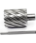 Side view of two-piece annular cutter kit with Weldon shank cutter and long HSS drill bit for magnetic drill press