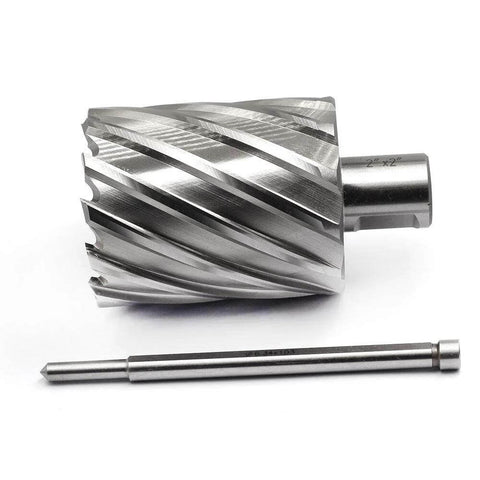 Side view of two-piece annular cutter kit with Weldon shank cutter and long HSS drill bit for magnetic drill press
