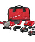 Job Site Ready Cordless Angle Grinder Kit Cuts 4 1/2 And 5 Inch Discs with battery, charger, safety guards, and contractor sack.