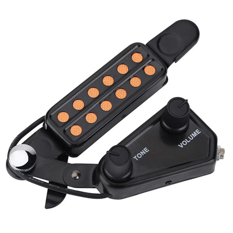 Close-up of 12 Hole Magnetic Sound Hole Acoustic Guitar Pickup With Volume And Tone Control And Tuner Kit Easy Install Includes Cushion