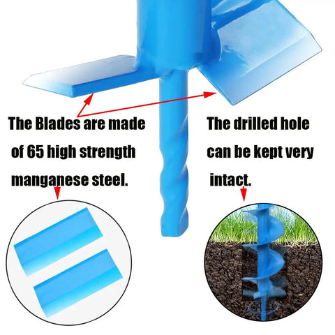 Blue 16 Inch by 4 Inch Upgraded Auger Drill Bit With Thickened Sharp Blades and Tungsten Carbide Cemented Blades in action for soil.