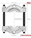 Bearing Separator And Remover Tool Size A for die forging and auto maintenance, showcasing dimensions and adjustments.