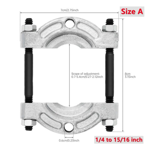 Bearing Separator And Remover Tool Size A for die forging and auto maintenance, showcasing dimensions and adjustments.