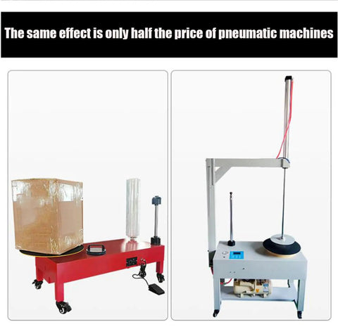 Heavy Duty Industrial Grade Double Shaft Electric Stretch Film Wrapping Machine With Hand Grip Turntable for fast pallet packaging, red wrapping station with cardboard box.
