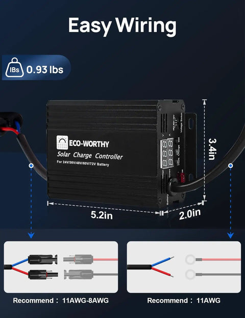 12A MPPT Boost Solar Charge Controller For 48V 60V 72V Battery Systems with dimensions and wiring guides
