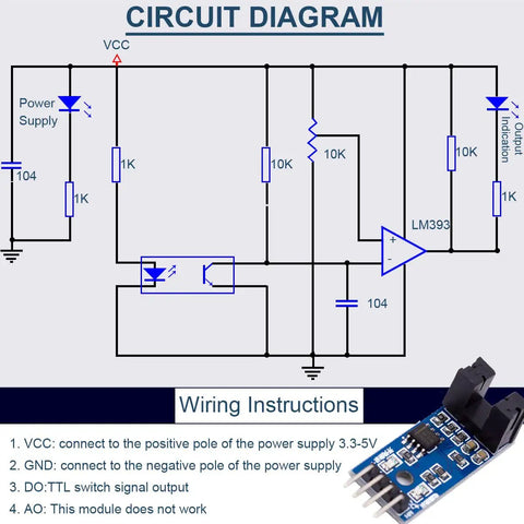 Circuit diagram of Speed Sensor Module LM393 Comparator Slot Type IR Optocoupler with wiring instructions.