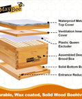 Exploded view of 10 Frame Beehive Starter Kit with deep brood box, top cover, queen excluder, and solid bottom board.