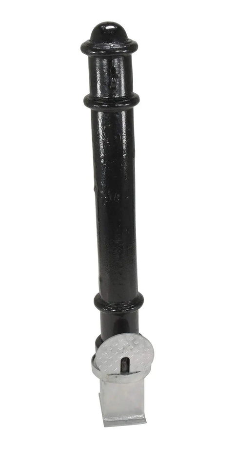 Built Tough Steel Underground Removable Ornamental Bollard 40 Inch Tall black with silver base and locking mechanism.