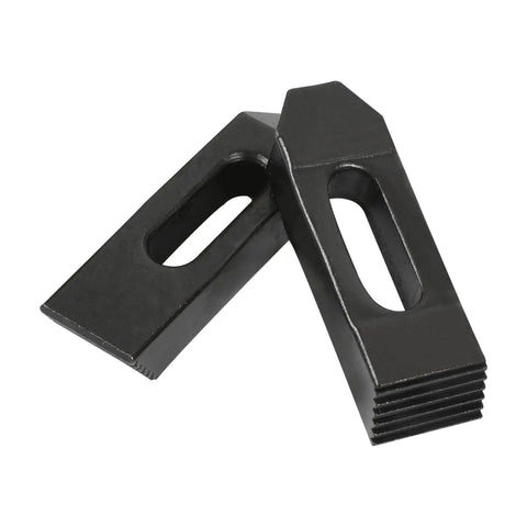 Two serrated end clamps from 58 Piece Hold Down Clamp Set For Milling Machines With Three Quarters Inch Slot And Five Eighths Inch Eleven Thread Studs Includes Coupling Nuts Flange Nuts T Slot Nuts Serrated End Clamps And Step Blocks For Bridgeport Style Workholding, black metal visible