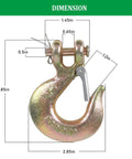 Four Pack Heavy Duty Forged Steel G70 Clevis Slip Hooks With Spring Loaded Safety Latch One Quarter Inch Tow Chain Grab Hooks dimensions in inches.