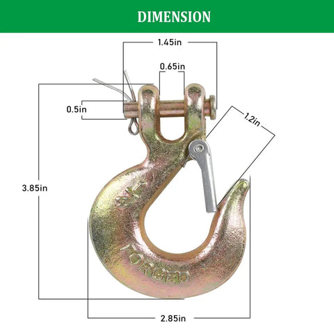 Four Pack Heavy Duty Forged Steel G70 Clevis Slip Hooks With Spring Loaded Safety Latch One Quarter Inch Tow Chain Grab Hooks dimensions in inches.