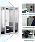 Hella Spacious Mobile Soundproof Office Pod Booth featuring soundproof glass, hardware locks, and moving casters for easy mobility.