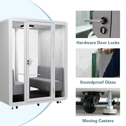 Hella Spacious Mobile Soundproof Office Pod Booth featuring soundproof glass, hardware locks, and moving casters for easy mobility.