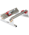 Sturdy Adjustable Aluminum Drawer Clamp For Milling Table Saw Featuring Knockout Precision Spline Locators Plus Smooth As Silk Uhmw Glides For No Sweat Furniture Joinery Tasks Spanning Half To Sixteen Inches Wide view from overhead showing adjustable slider and clamp.