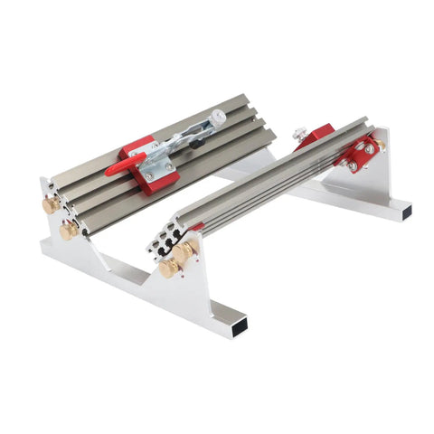 Sturdy Adjustable Aluminum Drawer Clamp For Milling Table Saw Featuring Knockout Precision Spline Locators Plus Smooth As Silk Uhmw Glides For No Sweat Furniture Joinery Tasks Spanning Half To Sixteen Inches Wide view from overhead showing adjustable slider and clamp.