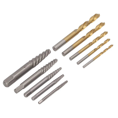 Heavy Duty 10 Piece Screw Extractor Set With Left Hand Drill Bits Perfect For Breaking Loose Stripped Or Broken Screws In Metal And Wood Surfaces Including CR MO Spiral Flute Bits Plus Storage Box For Easy Garage And Shop Jobs, 10pc steel extractor and drill bits