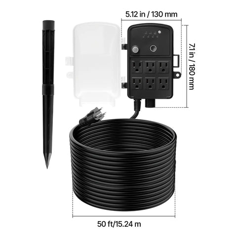 Heavy-Duty Outdoor Power Stake with Smart Timer Acts As a Power Party Starter Transforming One Dead Outlet Into Six Connected Hubs, 50 ft Weatherproof Extension Cord with Remote Control and Dusk to Dawn Auto Switch for Christmas Lights Patio, showing stakes, power hub, and coiled cord.