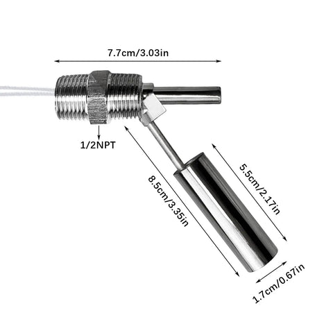 Stainless Steel Workhorse Liquid Level Sensor With One Half Inch NPT Side Mount For Aquariums Tanks Hydroponics And Pools DC Zero To One Hundred Ten Volts Float Switch Multi Point Control with dimensions