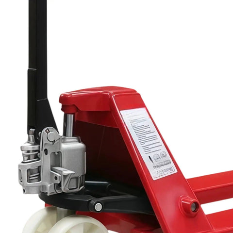 Heavy Duty 4,400 Lb Hydraulic Pallet Jack With Linked Dual Wheels For Smooth Warehouse Forklift Operations Shop Floor Material Handling Truck close-up of hydraulic pump mechanism