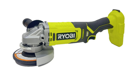 Side view of Ryobi PCL445B ONE+ 18V cordless angle grinder with yellow/black body.