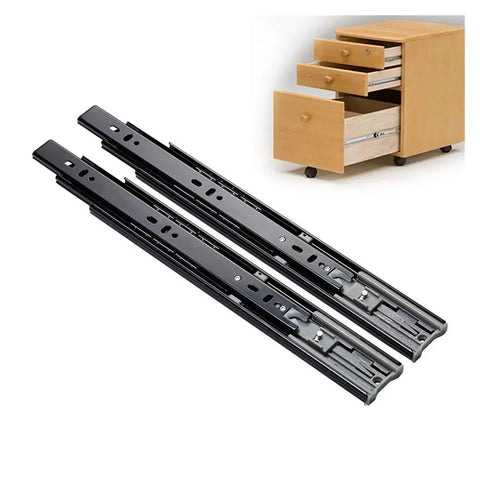 Built Tough Heavy Duty Steel Bottom Mounted Drawer Slides Dual Pack With Silent Buffer Glides Adjusts Eight To Twenty Two Inches Wide Fourteen Inch Long Reliable Cabinet Tracks shown with drawers.