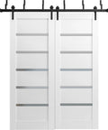 Interior Barn Bypass Sliding Doors With Frosted Glass And White MDF Panels 84 By 96 Inches Modern Style Hardware Included