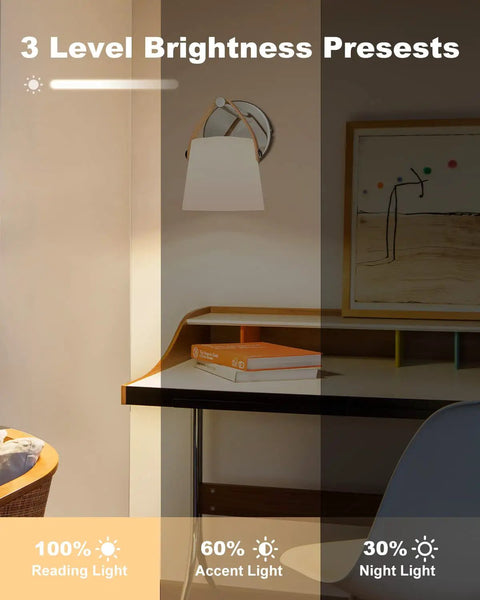 Battery Operated Wall Sconce With Glass Shade, 3 brightness levels shown, wall-mounted above a desk setup, Nickel Finish.