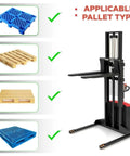 Heavy Duty Electric Pallet Stacker Battery Powered Hydraulic Lift Truck showing compatible pallet types and features.