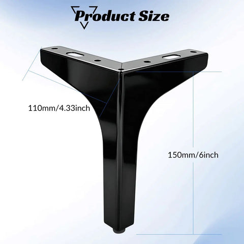 6 Inch Matte Black Stainless Steel Furniture Legs Replacement Feet for Sofa Couch Cabinet and Ottoman Modern Polished Metal Heavy Duty DIY Feet Four Pack product size diagram