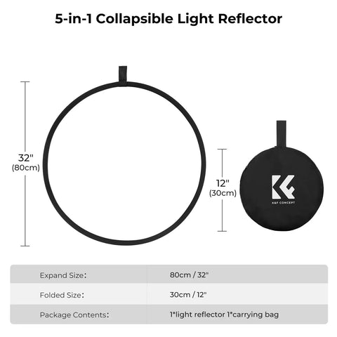 5 In 1 Light Reflector Kit 32 Inch Portable Collapsible For Studio And Outdoor Photography with carrying bag and size dimensions