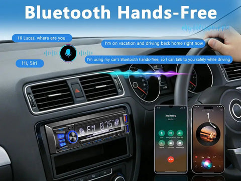 Bluetooth Car Stereo Single DIN With Hands Free Calling Push To Talk Button FM MP3 SD AUX Dual USB Ports iOS And Android App Control 7 LED Color Lighting Equalizer No CD Player Easy Plug In Car Audio Receiver installed in car dashboard with smartphone control on display.