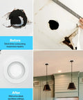 Before and after of Six Pack Goof Ring Covers For 6 Inch Recessed Lights Flush Mount White Trim Rings covering drywall.