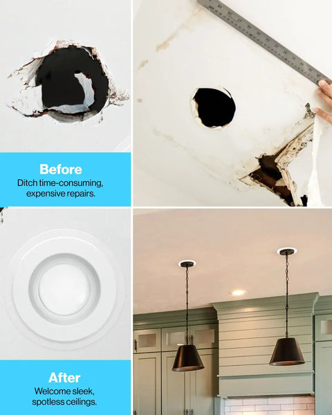 Before and after of Six Pack Goof Ring Covers For 6 Inch Recessed Lights Flush Mount White Trim Rings covering drywall.