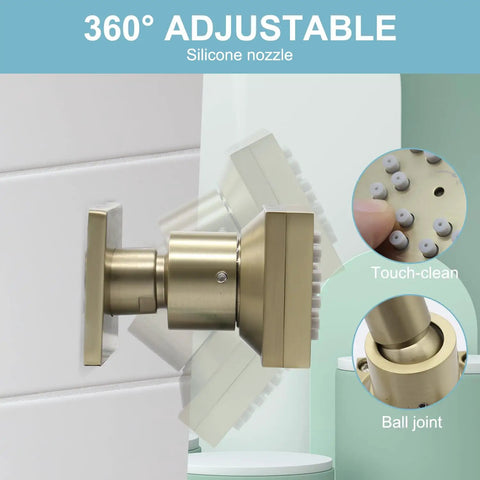 360° adjustable silicone nozzle for Slick 28 Inch Ceiling Rainfall Shower Panel With Bright Led Display And Six Dual Mode Body Jets Complete Brushed Gold Bathware Kit.