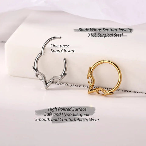 Blade Wings Septum Ring With V Shape Hinged Segment Clicker 16G 8mm 316L Surgical Steel Silver Nose Jewelry showcased