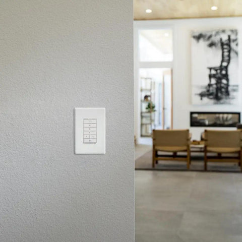 Smart Battery-Powered Multi-Room Scene Keypad For Home Lighting, White, Bluetooth Enabled, installed on living room wall