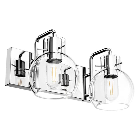 Chrome Vintage Two Light Vanity Fixture With Clear Glass Globe Shades, Modern Stainless Steel Industrial Wall Mount Sconce