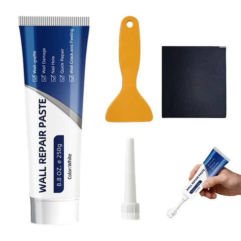 No Fuss DIY Wall Crack Repair Paste Kit For Drywall And Plaster, Quick Drying Hole Filler And Mending Putty, accessories displayed