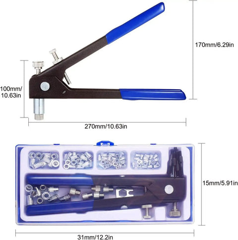Beefy Heavy Duty Blind Rivet Nut Tool Kit with Hand Riveter, 5 Mandrels M3 M4 M5 M6 M8, 80 Rivet Nuts in carry case, dimensions shown