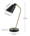 Industrial Luxe 17 Inch Desk Lamp in Matte Black with Antique Brass Accents, showing dimensions and side view with USB port.