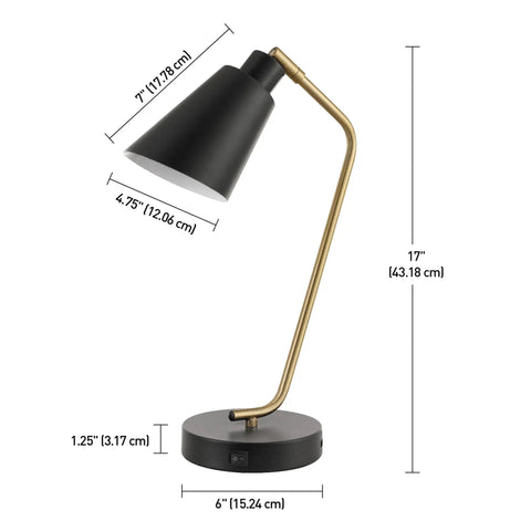 Industrial Luxe 17 Inch Desk Lamp in Matte Black with Antique Brass Accents, showing dimensions and side view with USB port.