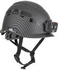 Vented Class C Type 1 Safety Helmet With Rechargeable Lamp Chin Strap Hydro Dipped KARBN Pattern on display