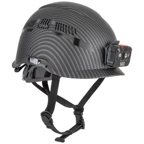 Vented Class C Type 1 Safety Helmet With Rechargeable Lamp Chin Strap Hydro Dipped KARBN Pattern on display