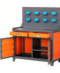 Tough As Nails Heavy Duty Steel Workbench With Pegboard Organizers And Lockable Drawers For Multi Tier Garage Tool Storage Plus Hanging Parts Bins Rack System, featuring orange and gray colors, two drawers, and pegboard.