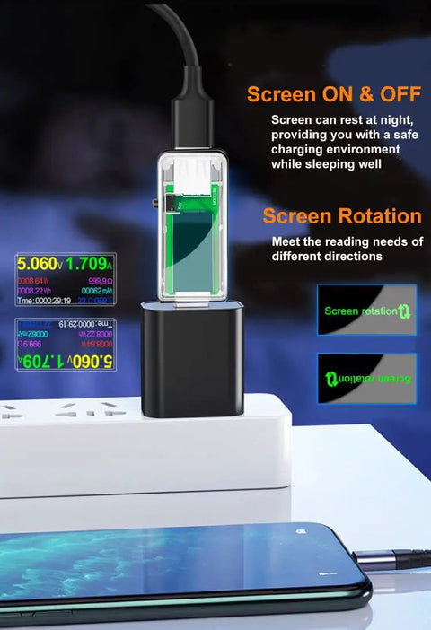 USB 3.0 Power Meter Tester with IPS Color Display showing voltage and current on a charging device setup.