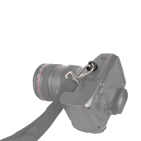 No Sweat Quick Release Screws For Camera Shoulder Straps With Heavy Duty Metal Clips attached to DSLR with strap.