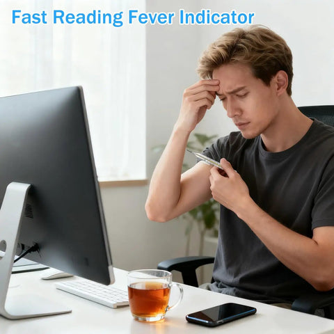 Glass Thermometer Set For Adults Four Pack Dual Scale Fahrenheit Celsius Fast Reading Old Fashioned Temperature Tools For Home Use Family Care Accurate And Reliable Temperature Testing, man checking fever with glass thermometer at desk