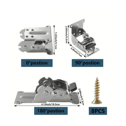 Heavy-Duty Folding Table Leg Hinge with 180-Degree Self-Locking Mechanism showing 0, 90, 180-degree positions, 8 screws
