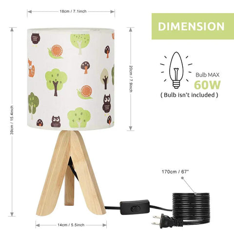 Tripod Table Lamp For Kids Bedroom Nightstand With Kid Friendly Cartoon Linen Lampshade, Wood Tripod Base dimensions