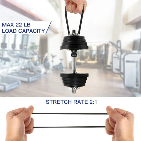 Gym weight with 22 lb capacity held by hand, demonstration of stretch rate 2:1 in a fitness setting.